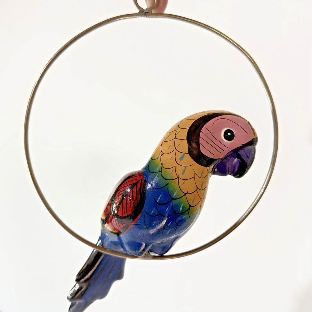 Mexican Folk Art Ceramic Bird Parrot Mexico on Hanging Ring Hoop 10"